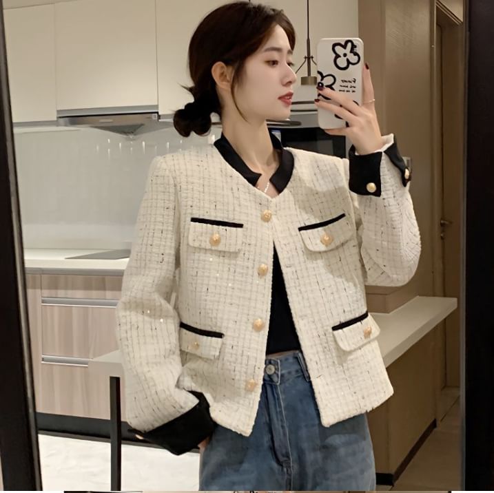 Tweed Plaid Button-Up Jacket