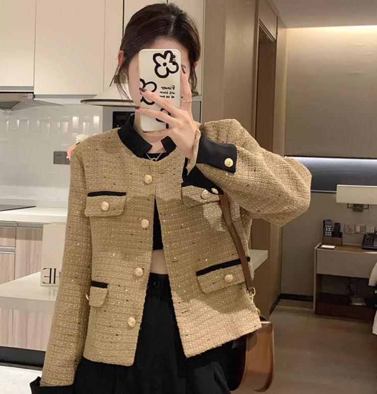 Tweed Plaid Button-Up Jacket