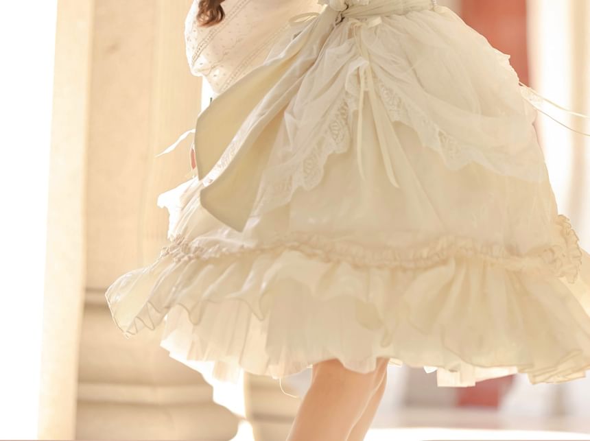 Long-Sleeve Round Neck Lolita Floral Applique Bow Ruffle Panel A-Line Dress