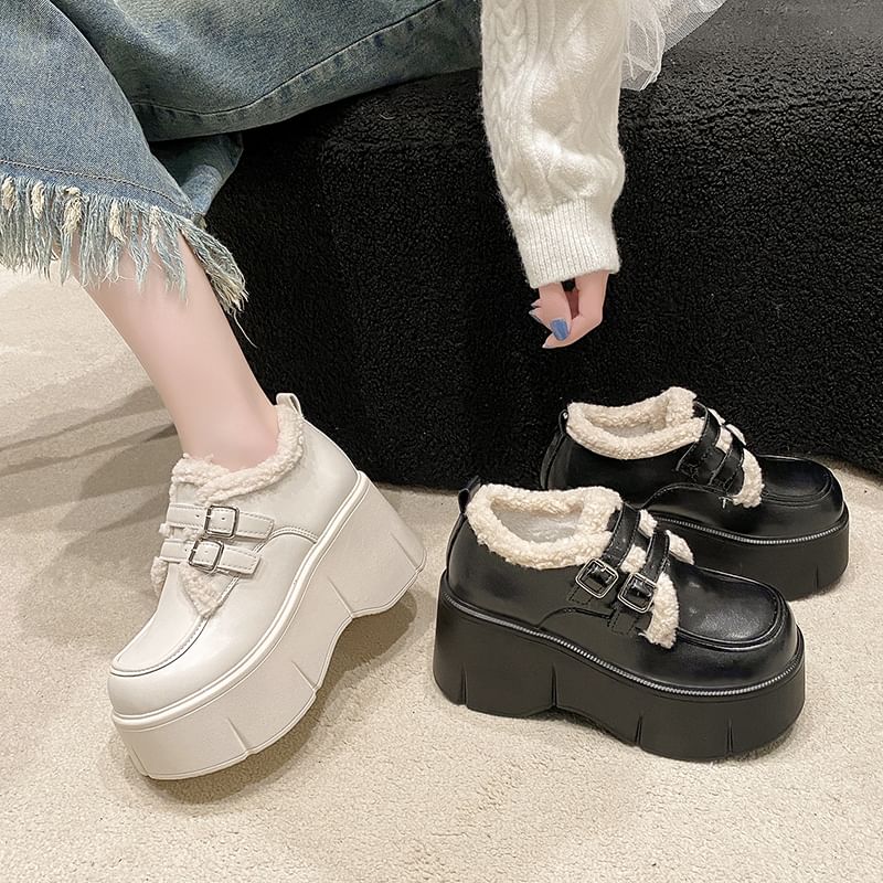 Wedge-Heel Loafers Fleece Trim