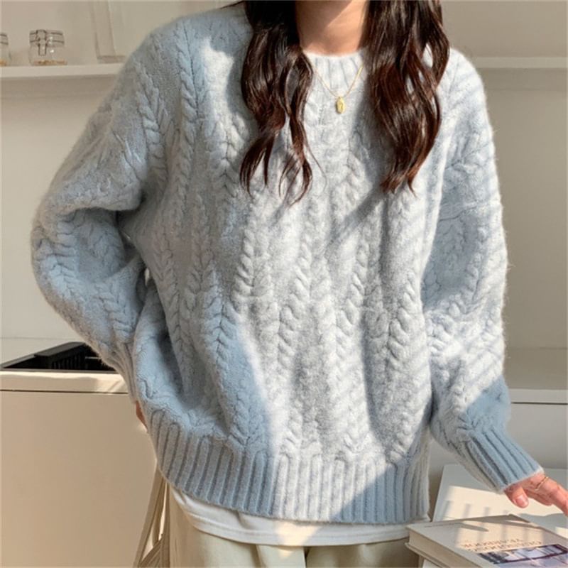 Knit Plain Long-Sleeve Cable Sweater Crew Neck