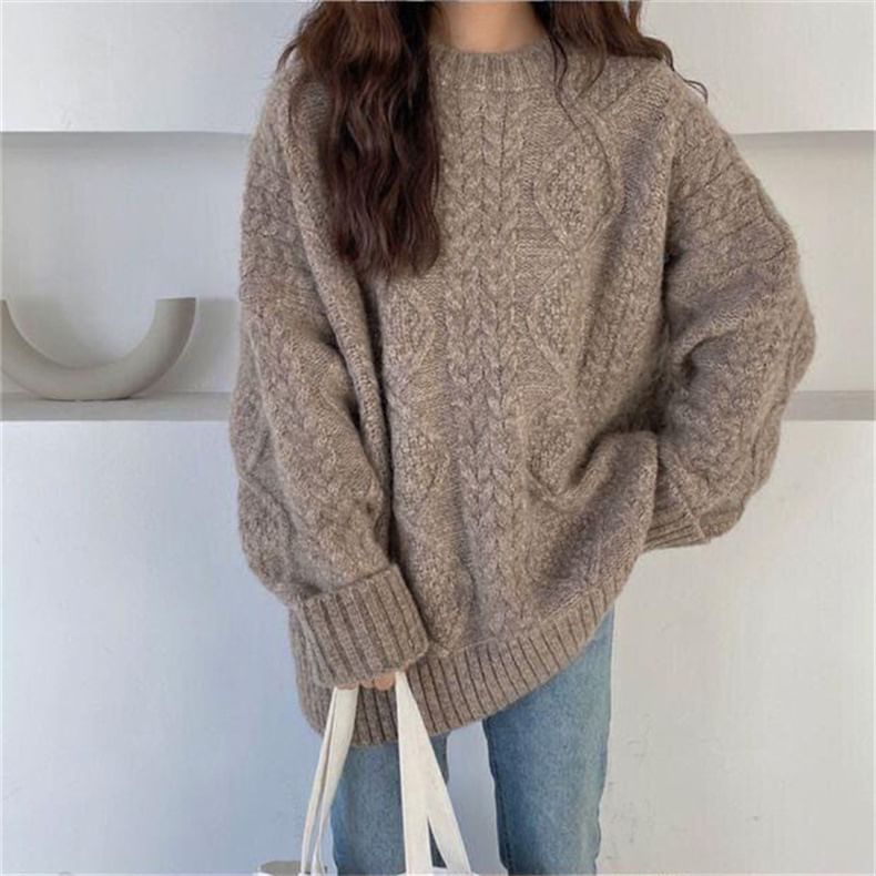 Knit Plain Long-Sleeve Cable Sweater Crew Neck