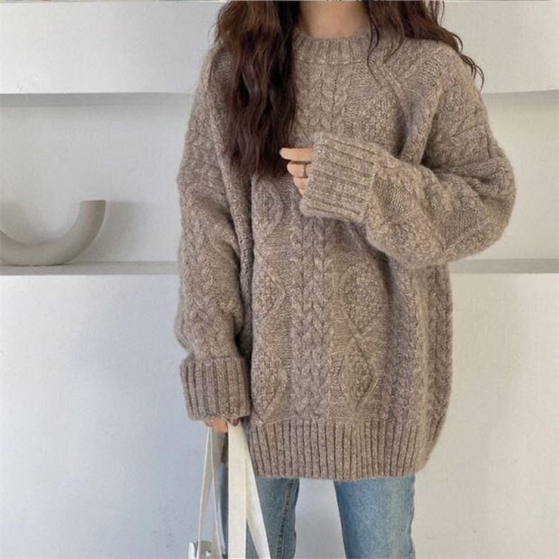 Knit Plain Long-Sleeve Cable Sweater Crew Neck