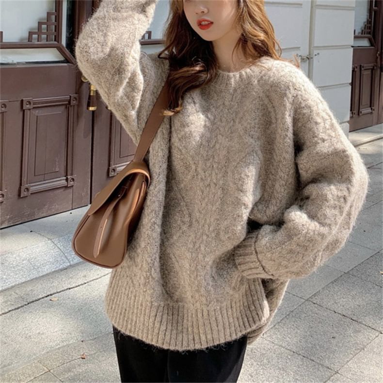 Knit Plain Long-Sleeve Cable Sweater Crew Neck