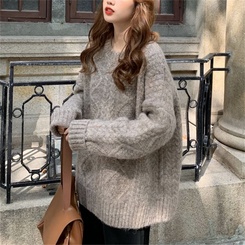 Knit Plain Long-Sleeve Cable Sweater Crew Neck