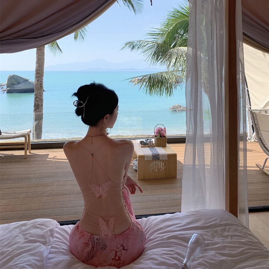 Halter V-Neck Print Butterfly Accent Open Back Maxi Bodycon Dress