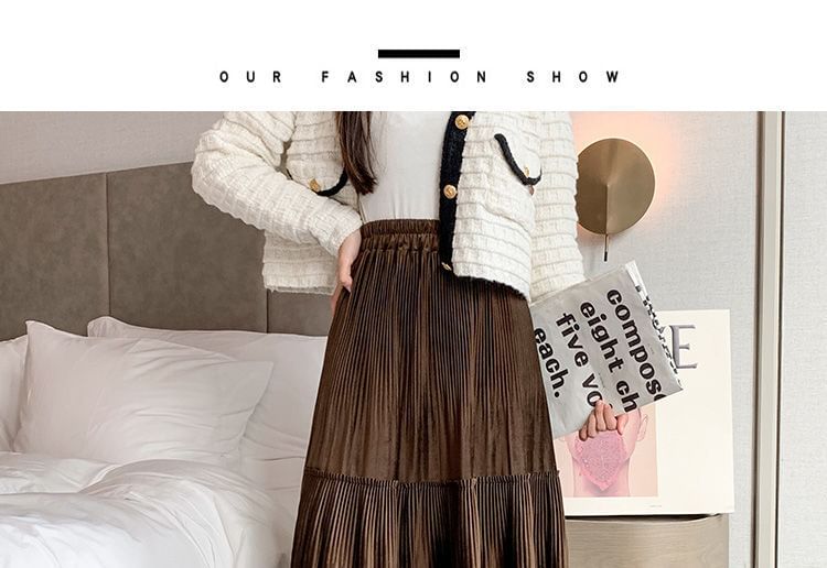 Tiered Plain Midi Waist A-Line Elastic Velvet Skirt