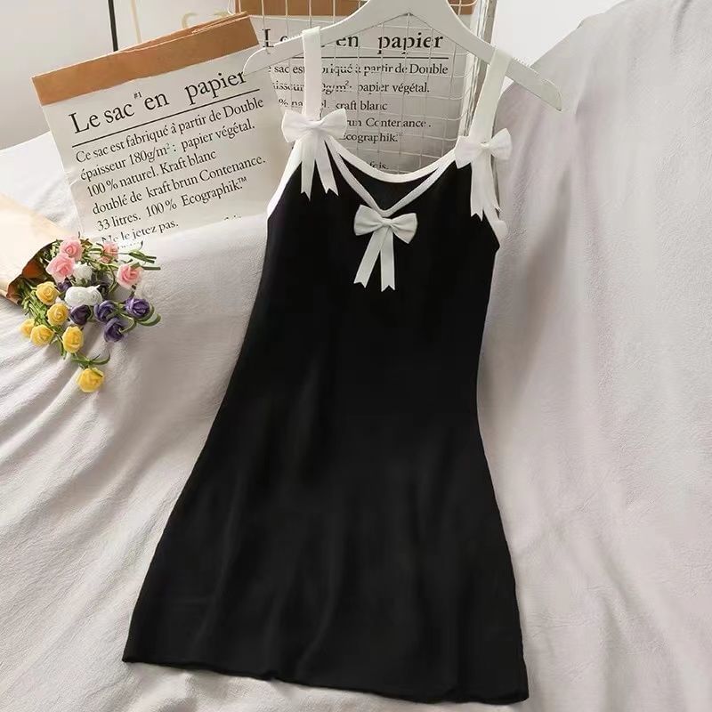 Bow Trim Spaghetti Dress Bodycon Mini Strap Contrast