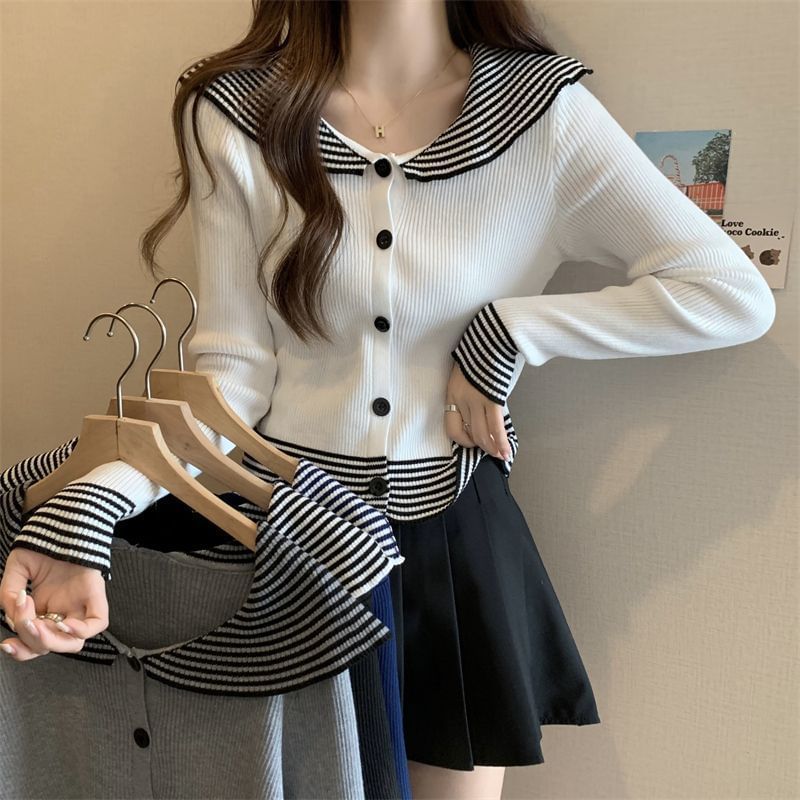 Top Ribbed Knit Long-Sleeve Striped Button Collar Panel