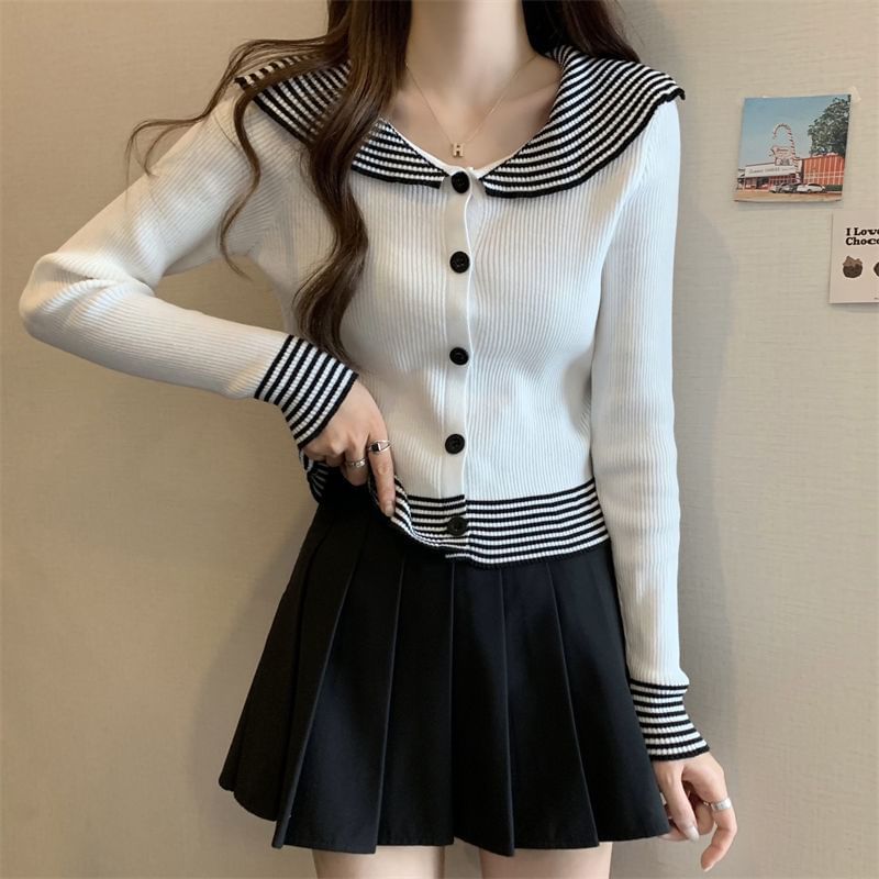 Top Ribbed Knit Long-Sleeve Striped Button Collar Panel