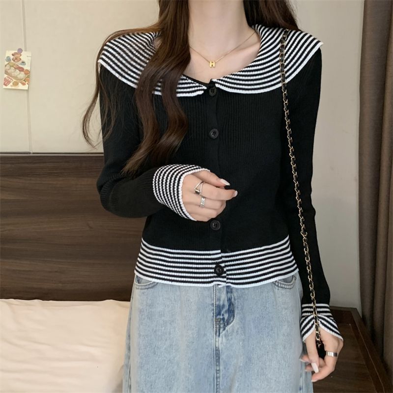 Top Ribbed Knit Long-Sleeve Striped Button Collar Panel
