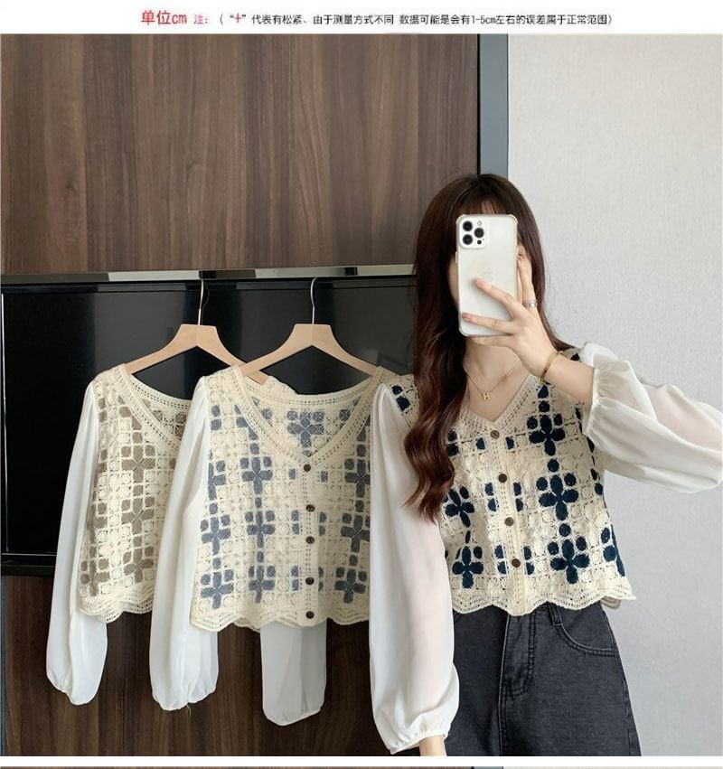 V-Neck Crochet Blouse Panel Knit Long-Sleeve