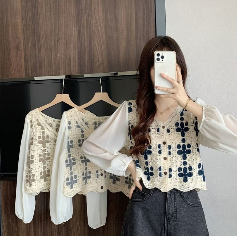 V-Neck Crochet Blouse Panel Knit Long-Sleeve