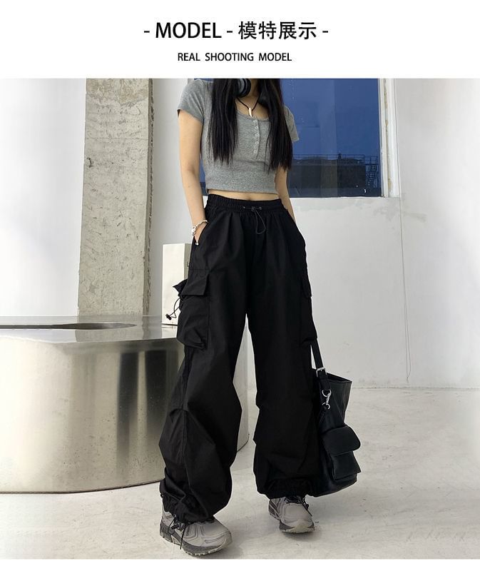 Plain Pants Waist Drawstring Leg Cargo Wide