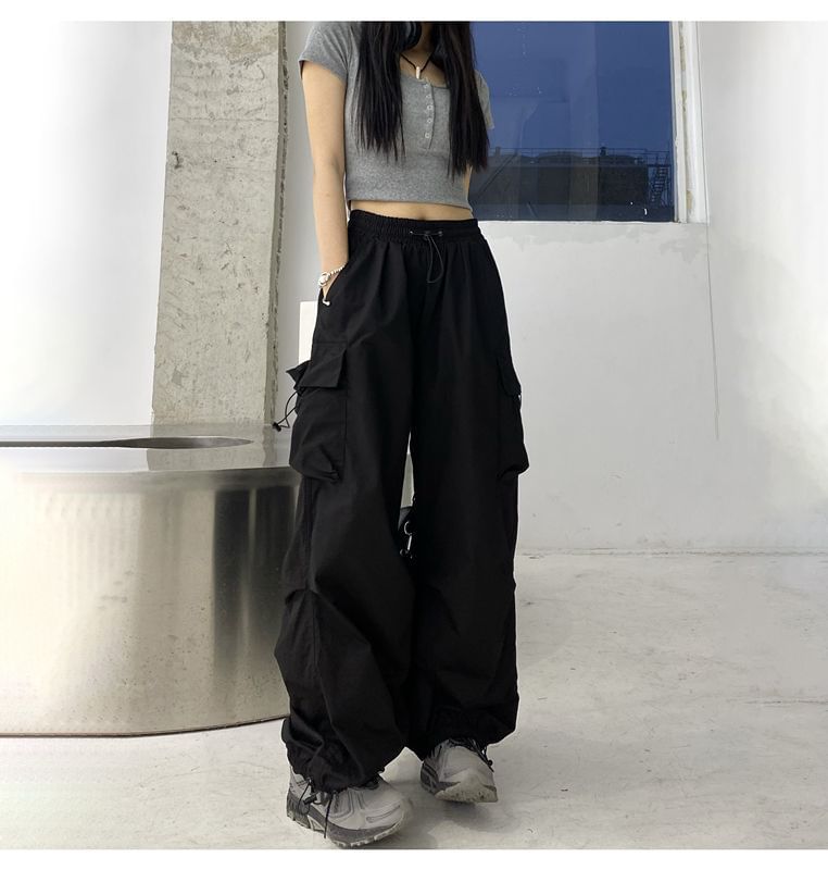 Plain Pants Waist Drawstring Leg Cargo Wide