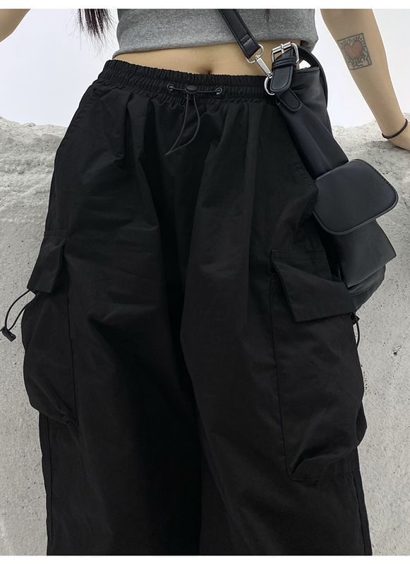 Plain Pants Waist Drawstring Leg Cargo Wide