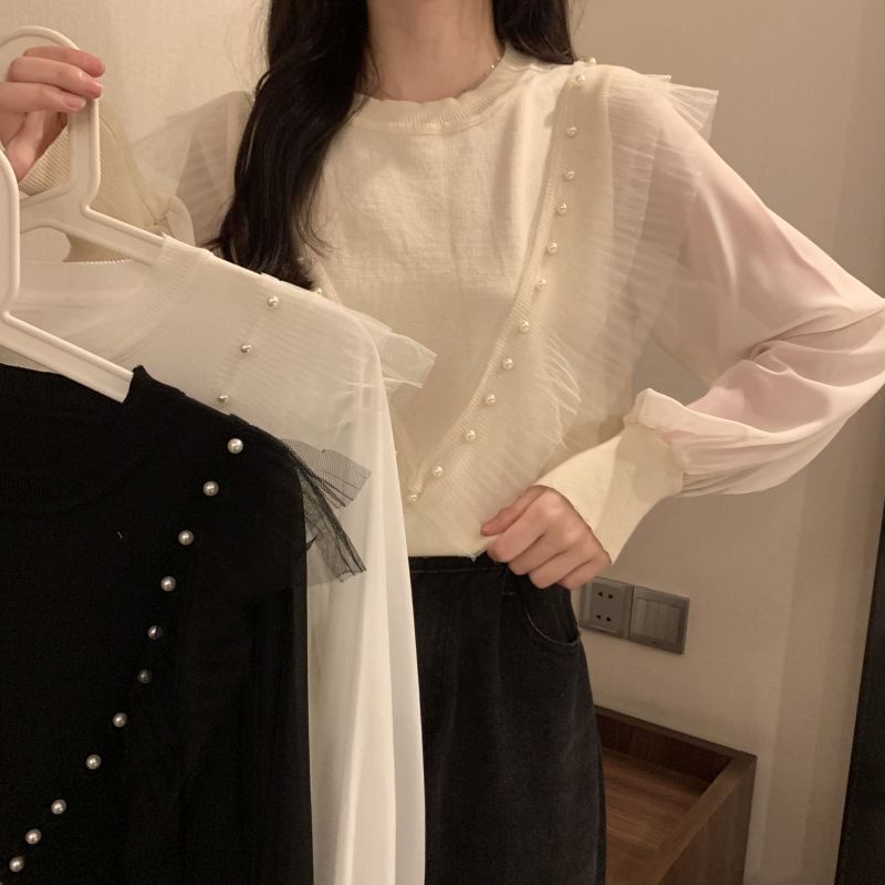 Neck Top Knit Pearl Plain Long-Sleeve Crew Ruffle Faux Trim