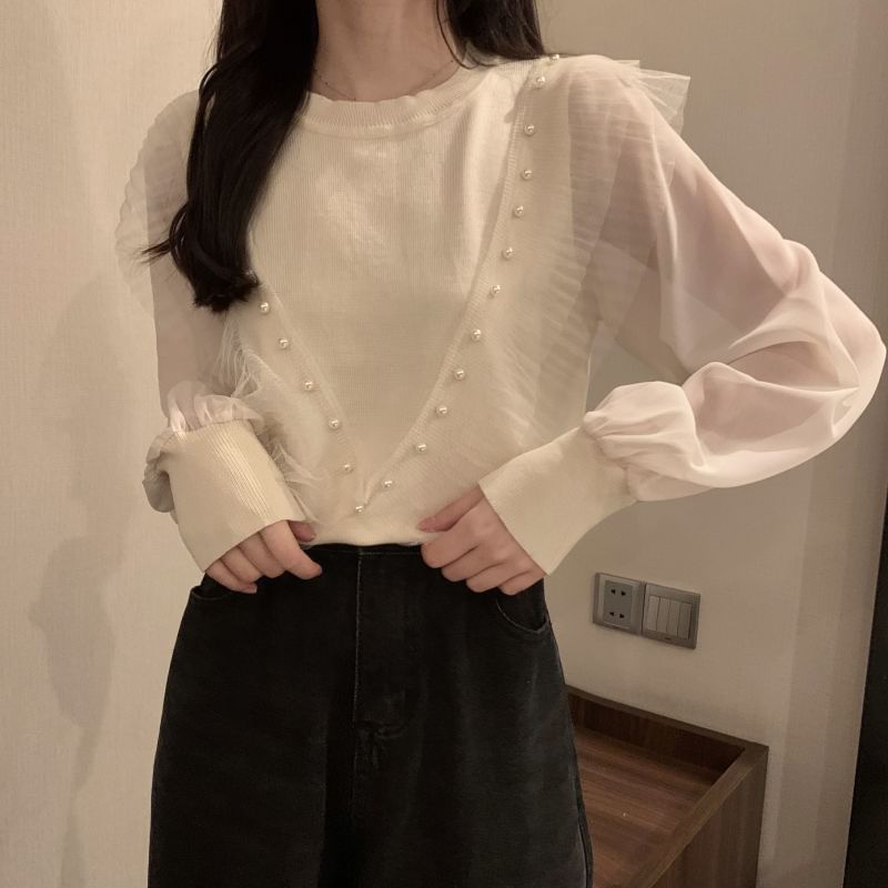 Neck Top Knit Pearl Plain Long-Sleeve Crew Ruffle Faux Trim