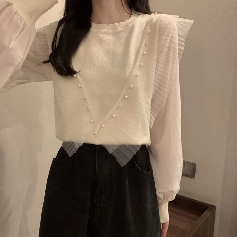 Neck Top Knit Pearl Plain Long-Sleeve Crew Ruffle Faux Trim