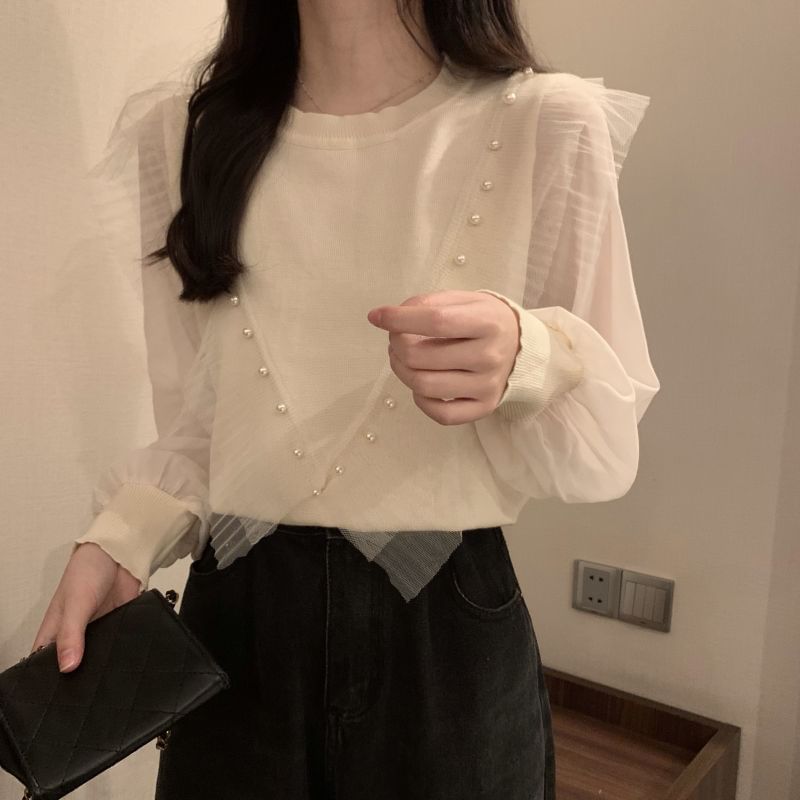 Neck Top Knit Pearl Plain Long-Sleeve Crew Ruffle Faux Trim