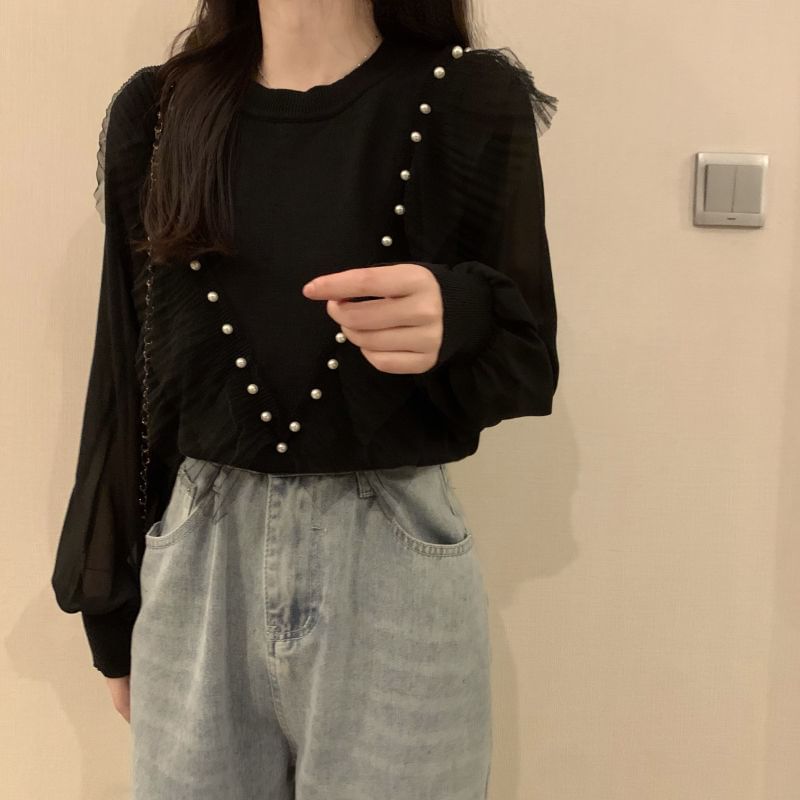 Neck Top Knit Pearl Plain Long-Sleeve Crew Ruffle Faux Trim