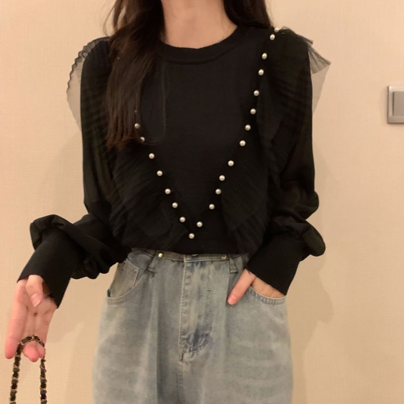 Neck Top Knit Pearl Plain Long-Sleeve Crew Ruffle Faux Trim