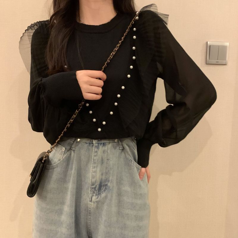 Neck Top Knit Pearl Plain Long-Sleeve Crew Ruffle Faux Trim