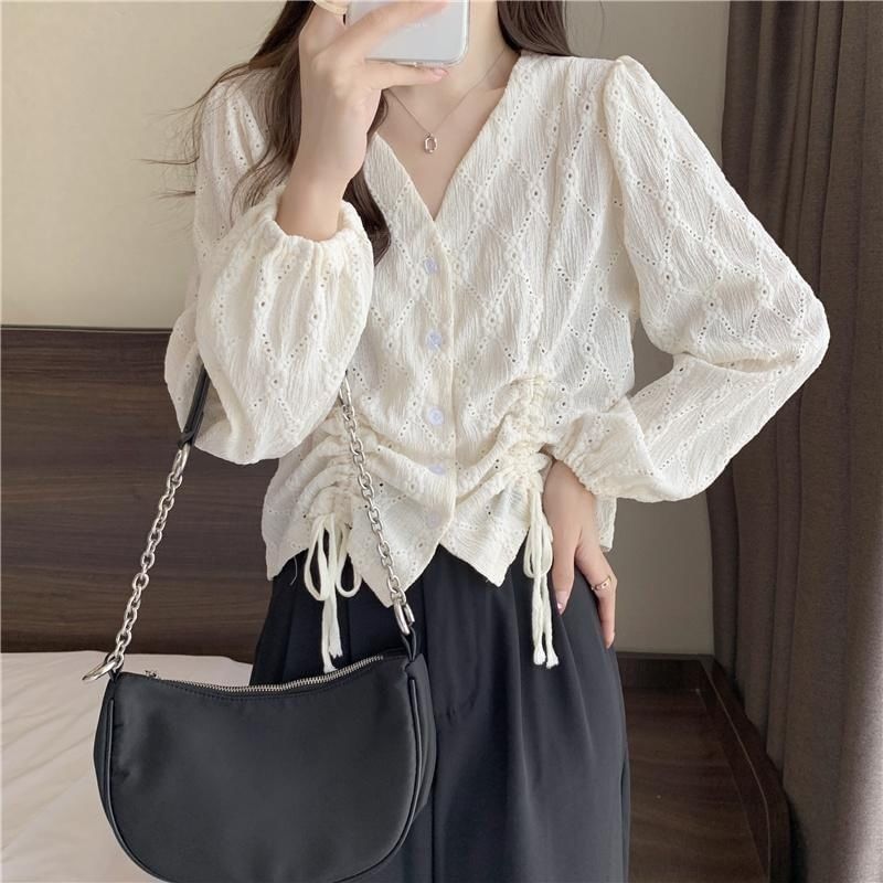 Blouse Eyelet Plain Long-Sleeve V-Neck Drawstring