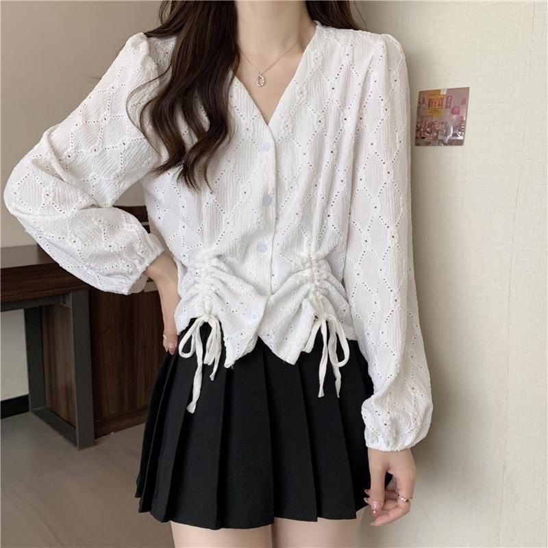 Blouse Eyelet Plain Long-Sleeve V-Neck Drawstring