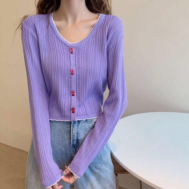 Top Crop Button Trim Contrast V-Neck Long-Sleeve Knit Ribbed