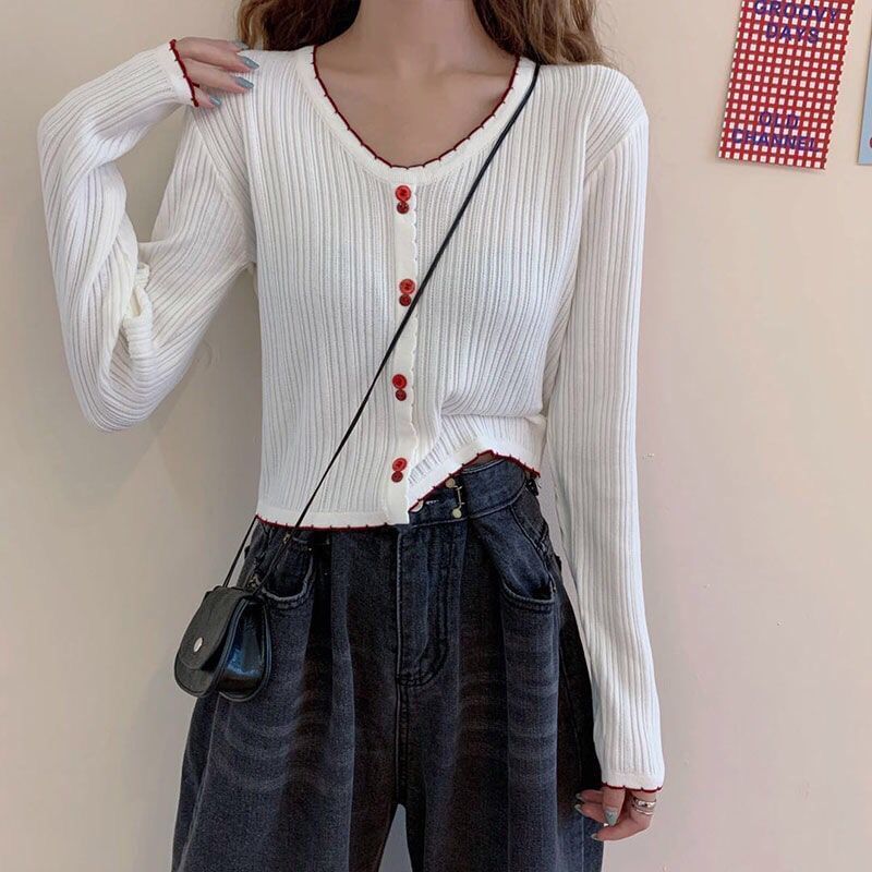 Top Crop Button Trim Contrast V-Neck Long-Sleeve Knit Ribbed
