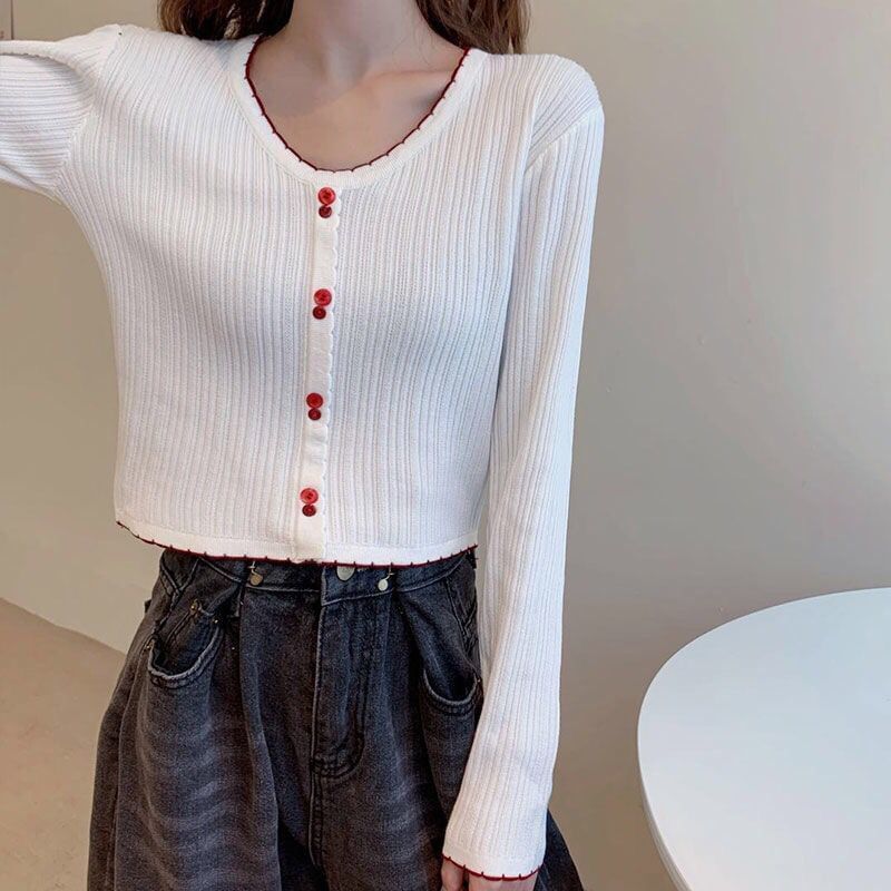 Top Crop Button Trim Contrast V-Neck Long-Sleeve Knit Ribbed