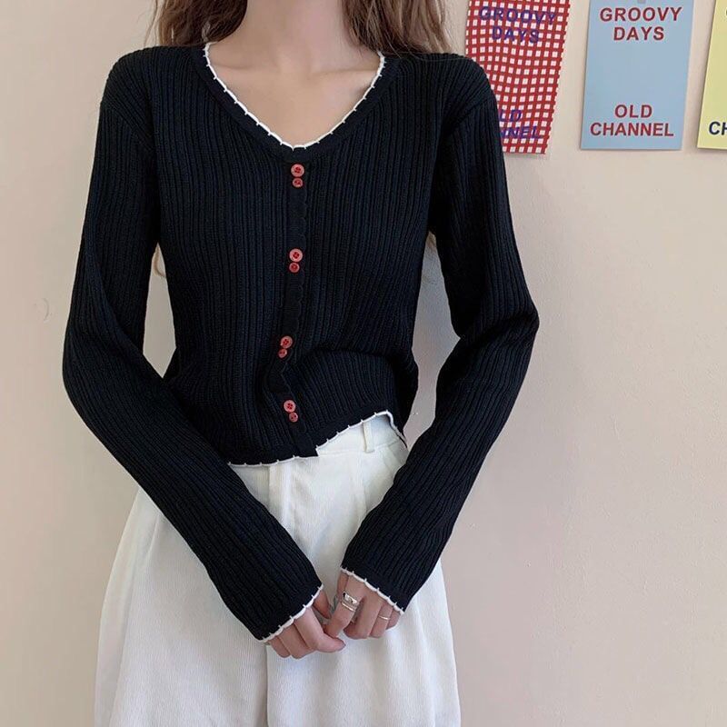 Top Crop Button Trim Contrast V-Neck Long-Sleeve Knit Ribbed
