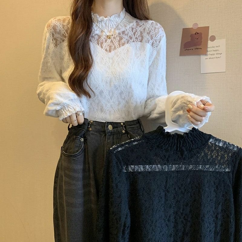 Plain Neck Top Mock Long-Sleeve Lace