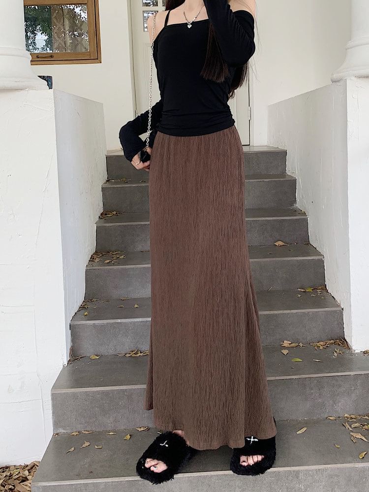 A-Line Waist Midi Plain Skirt Elastic