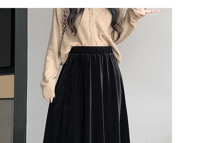 Velvet Waist Skirt A-Line Midi Elastic Plain