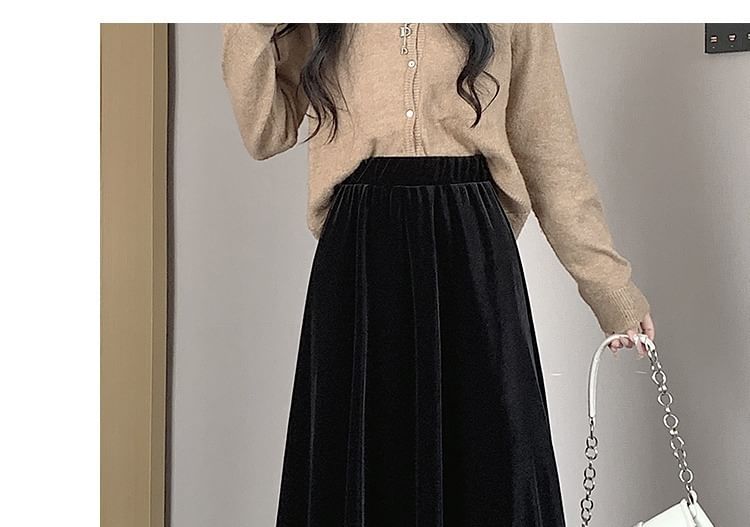 Velvet Waist Skirt A-Line Midi Elastic Plain