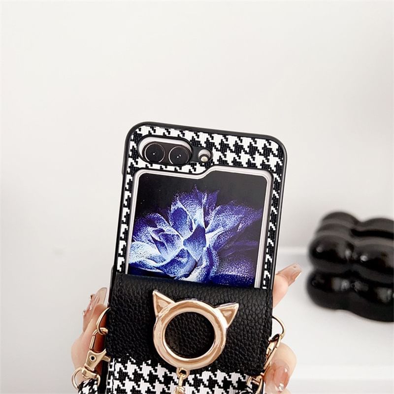 Lanyard Pearl Phone Cat Faux Case Houndstooth