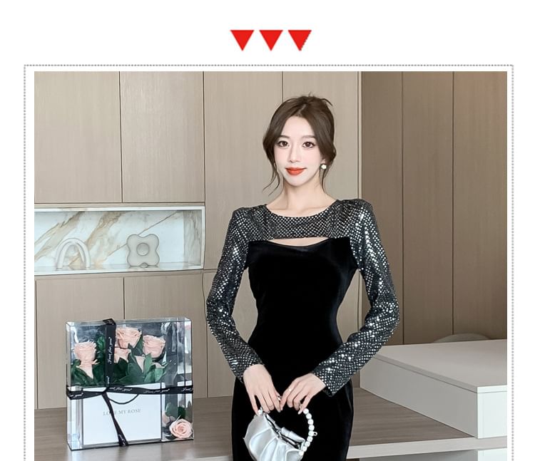 Long-Sleeve Crew Neck Sequined Cutout Bodycon Dress (Various Designs)