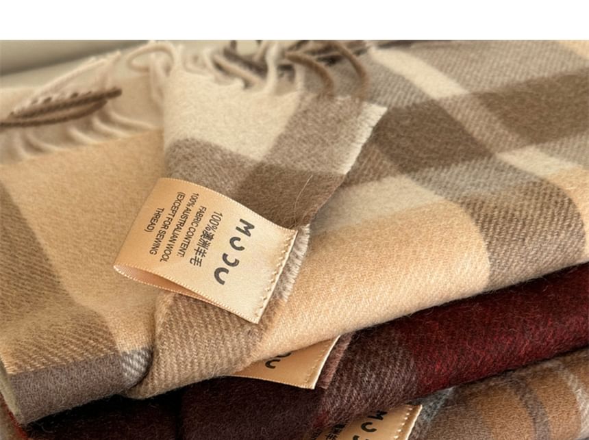 Wool Lettering Plaid Applique Fringed Scarf