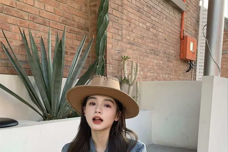 Collar Asymmetrical Fringed Denim Crop Jacket / High Waist Button Front Mini Pencil Skirt / Set