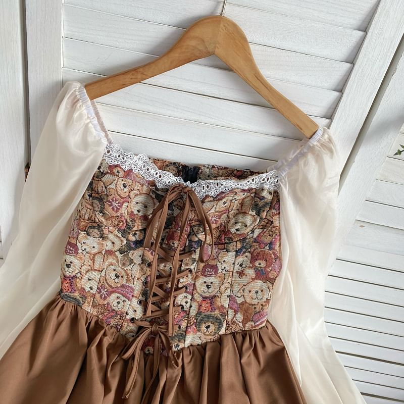 Long-Sleeve Square Neck Bear Patterned Lace Up Panel Mini A-Line Dress