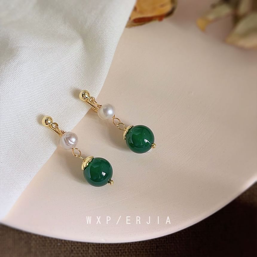 Faux Clip-On Drop Gemstone Earring Pearl