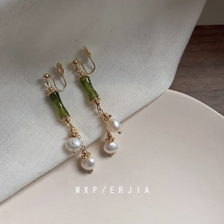 Clip-On Earring Bamboo Faux Pearl Drop