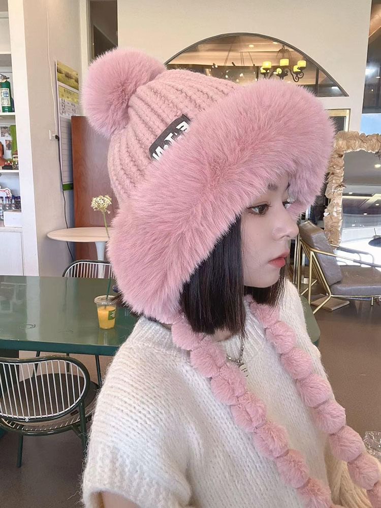 Faux Applique Trapper Hat Knit Lettering Fur