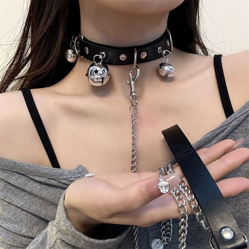 Choker Leather Faux / Bell Leash