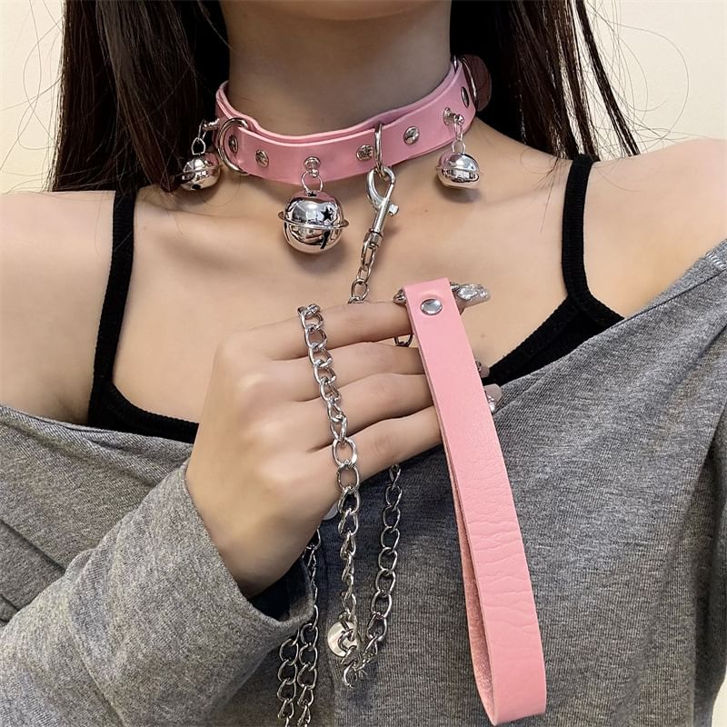 Choker Leather Faux / Bell Leash
