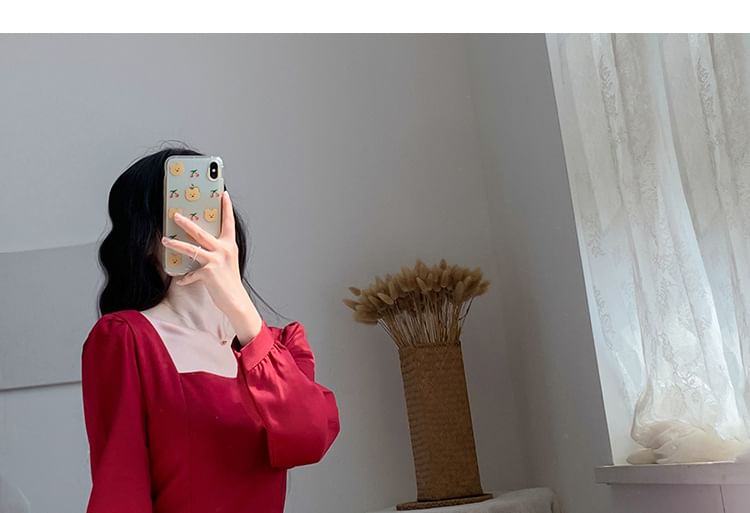 Midi A-Line Square Neck Dress Plain Long-Sleeve