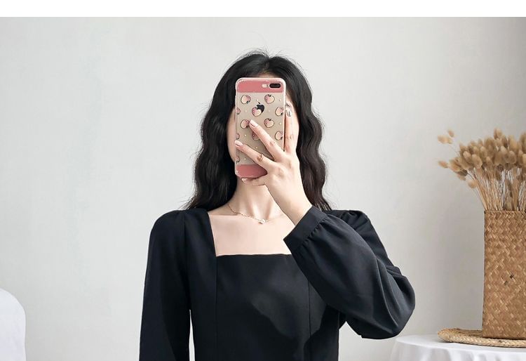 Midi A-Line Square Neck Dress Plain Long-Sleeve
