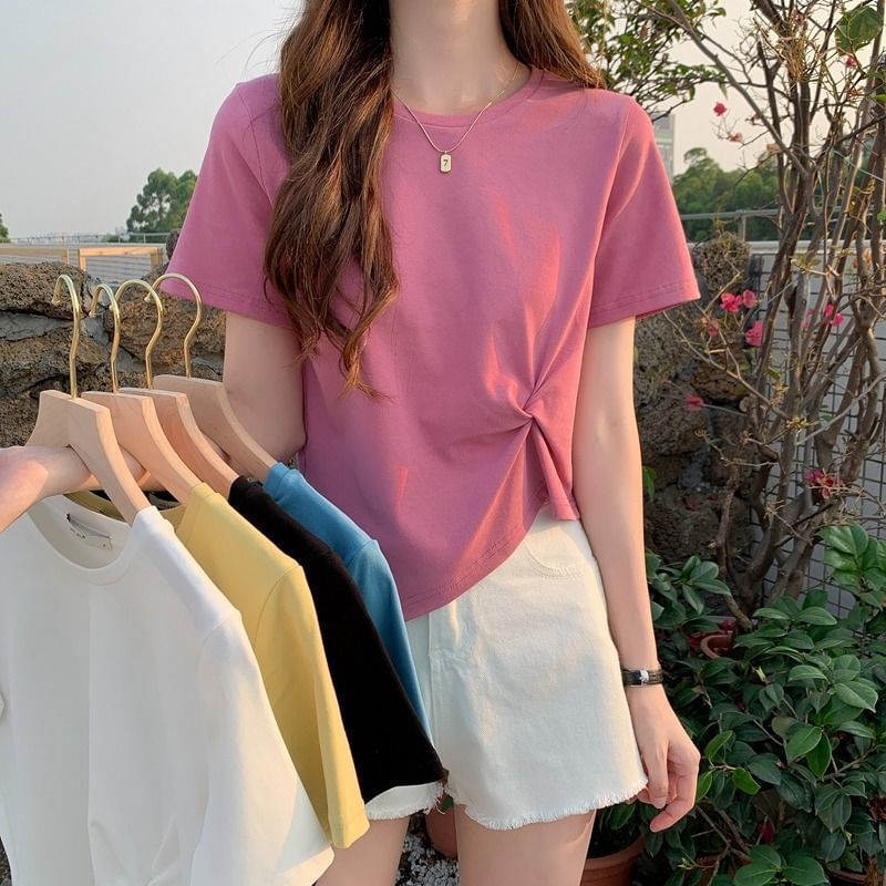T-Shirt Crew Ruched Neck Crop Asymmetrical Plain Short-Sleeve